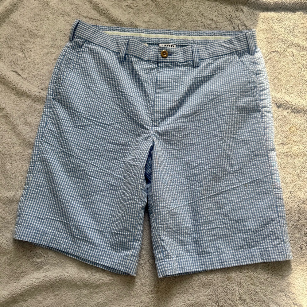 Izod Blue Checkered Flat Front Mens Golf Shorts Size 34